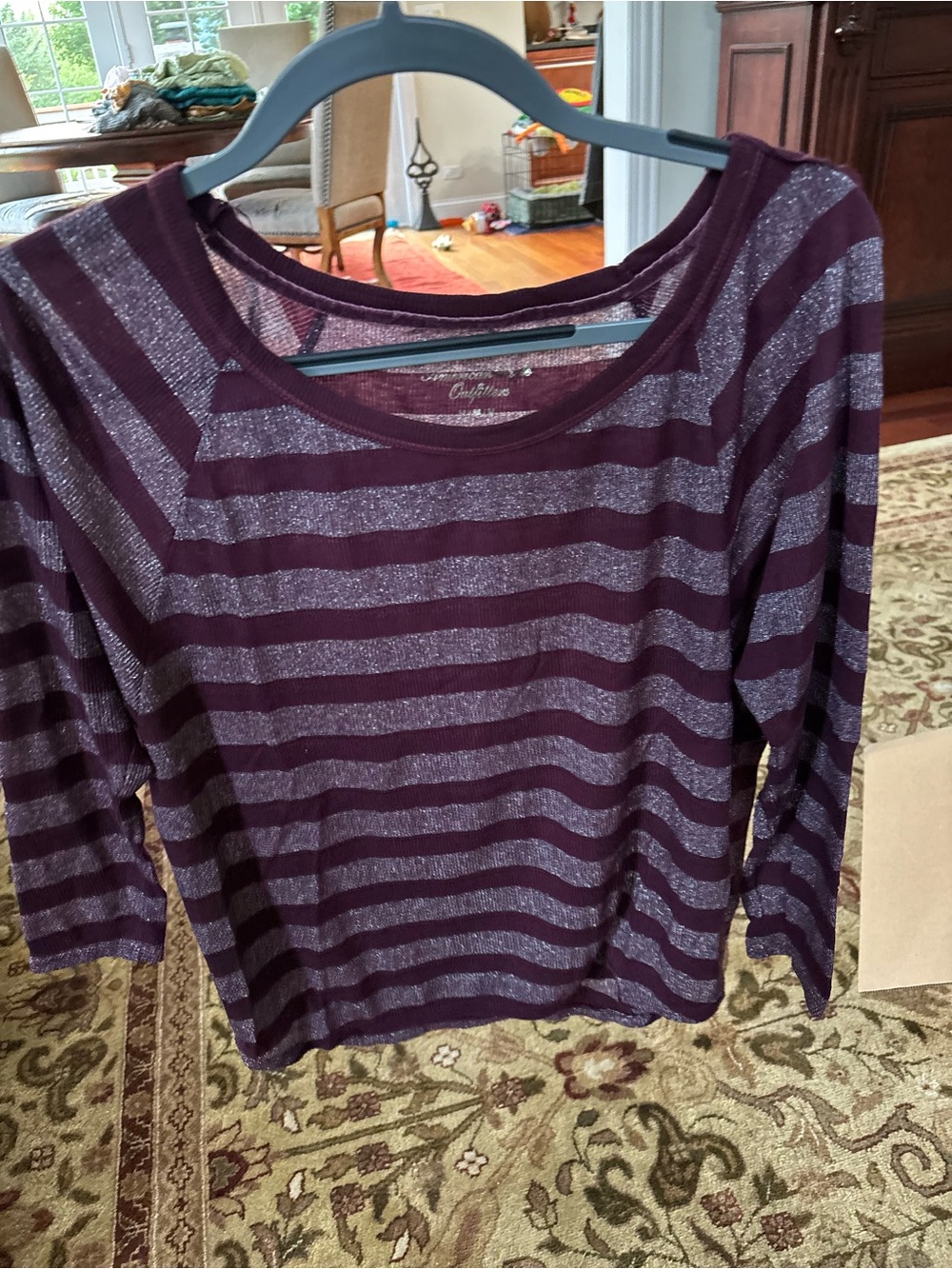 American Eagle Outfitters Purple Metallic Stripe Long-Sleeve Tee